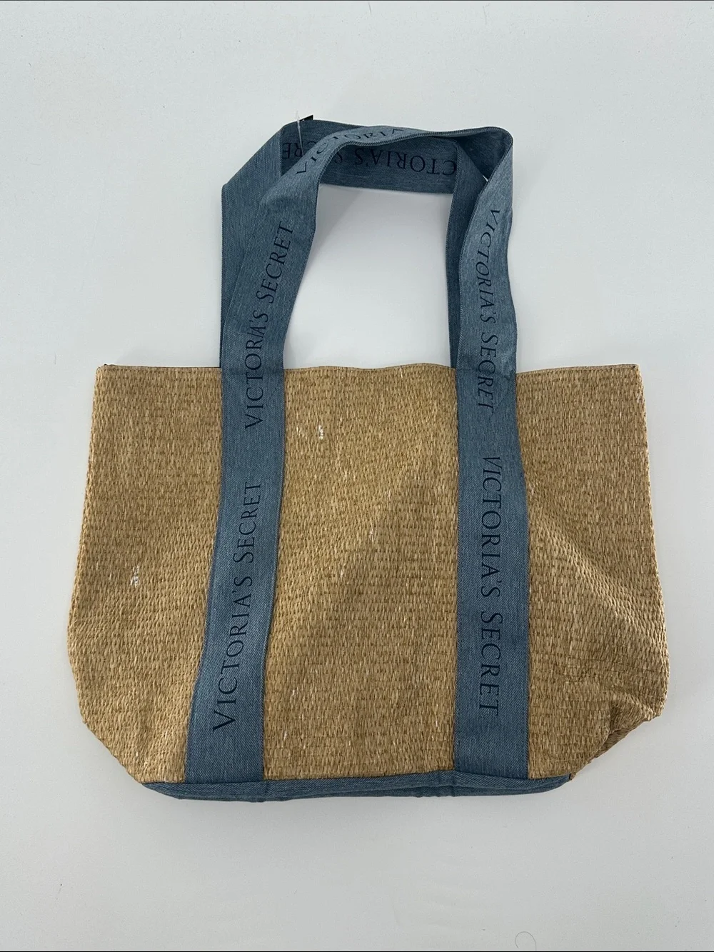 Victoria's Secret Natural Straw Tote with Denim Blue Straps